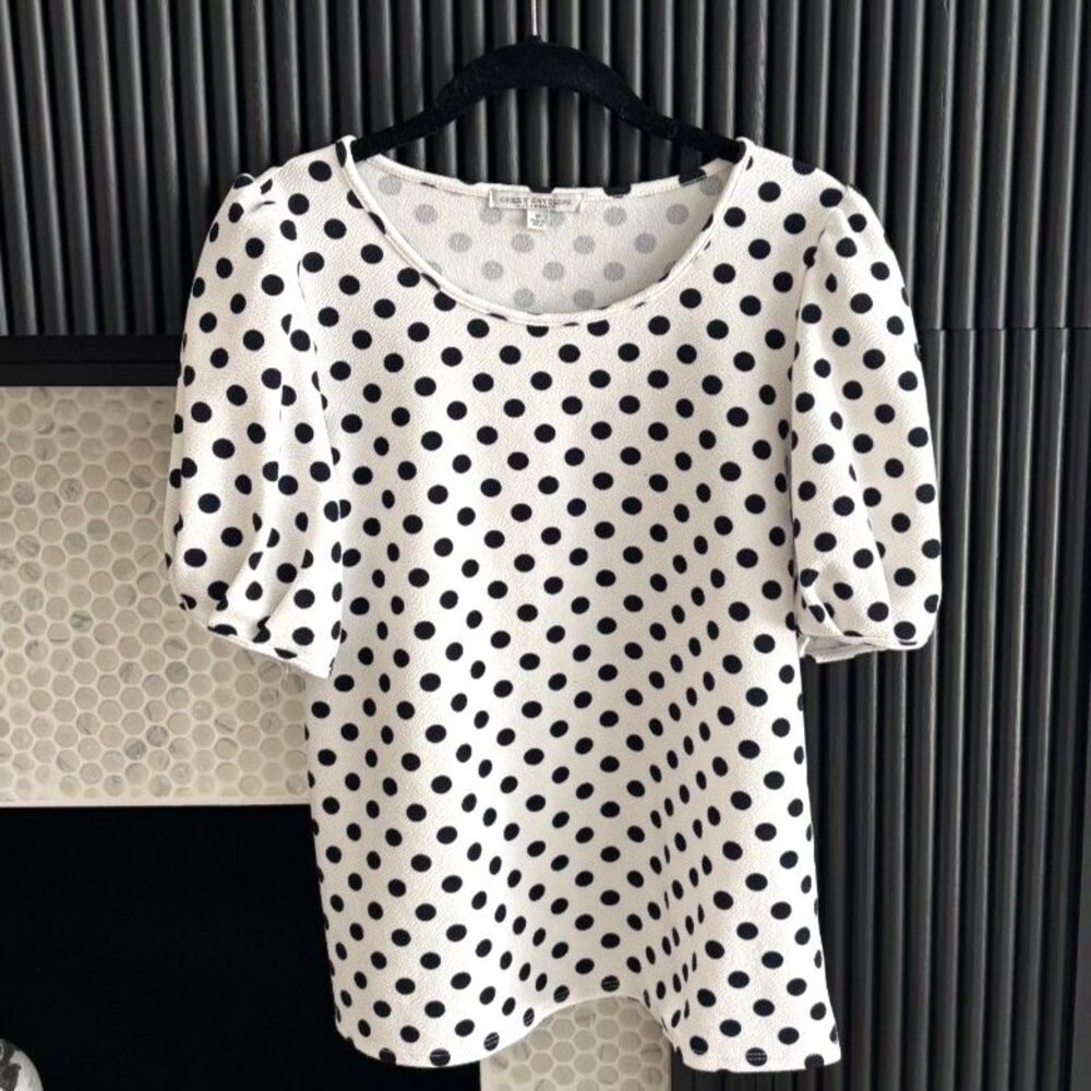 Green Envelope Polka Dot Short Puff Sleeve Blouse Top M